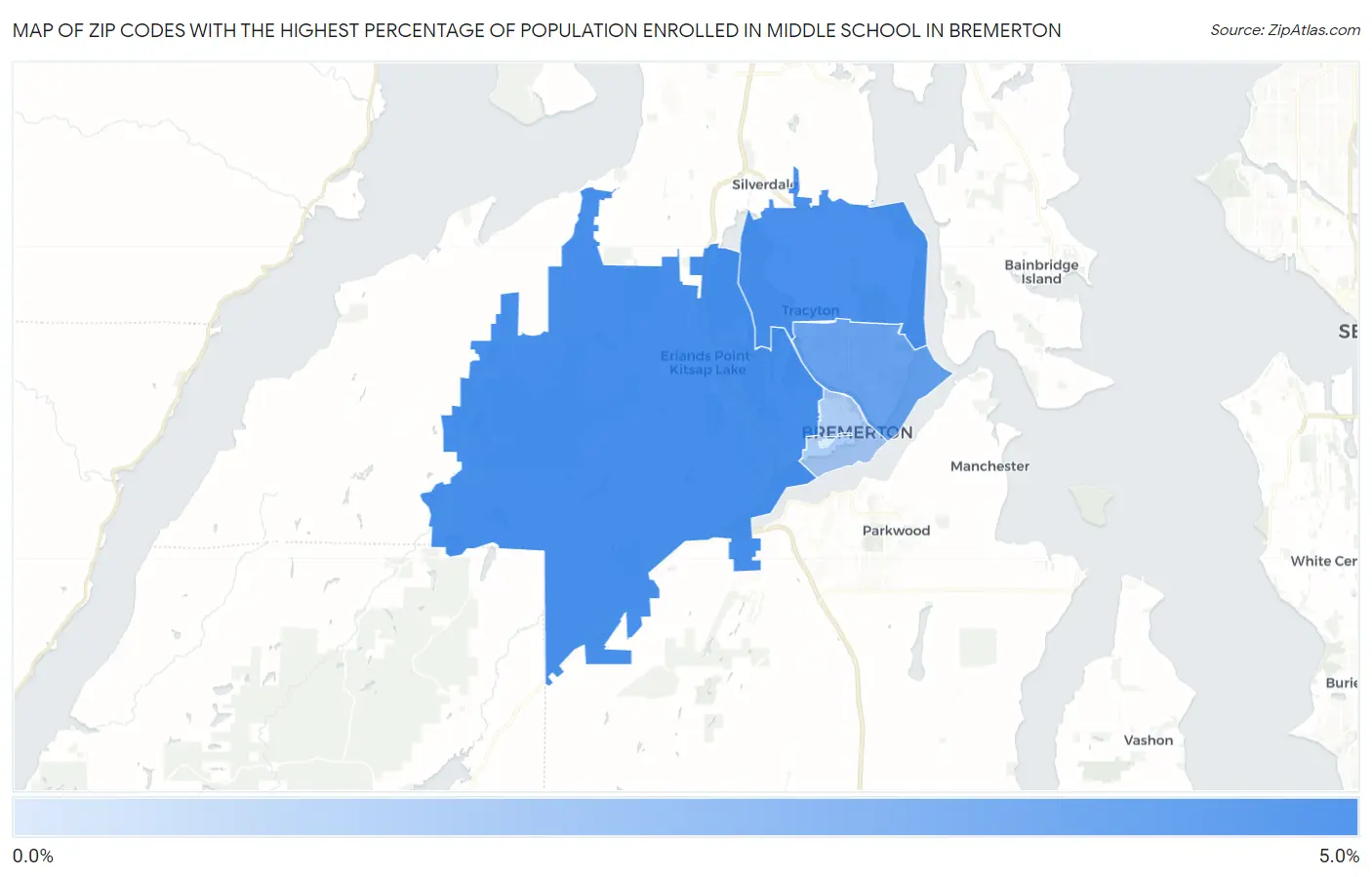 Zip Codes with the Highest Percentage of Population Enrolled in Middle School in Bremerton Map