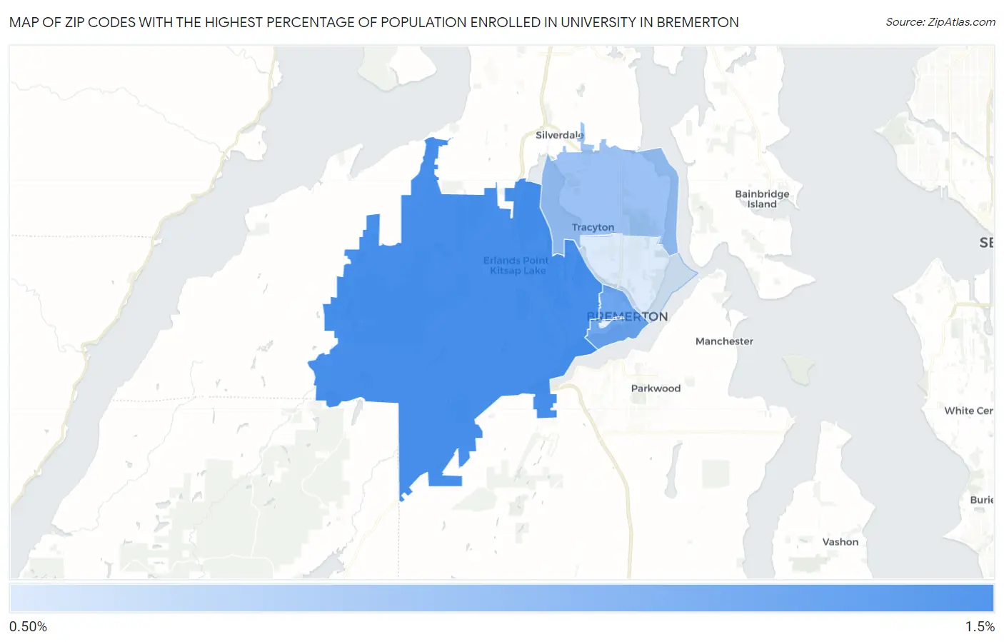 Zip Codes with the Highest Percentage of Population Enrolled in University in Bremerton Map