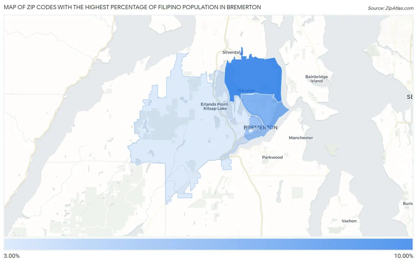 Zip Codes with the Highest Percentage of Filipino Population in Bremerton Map
