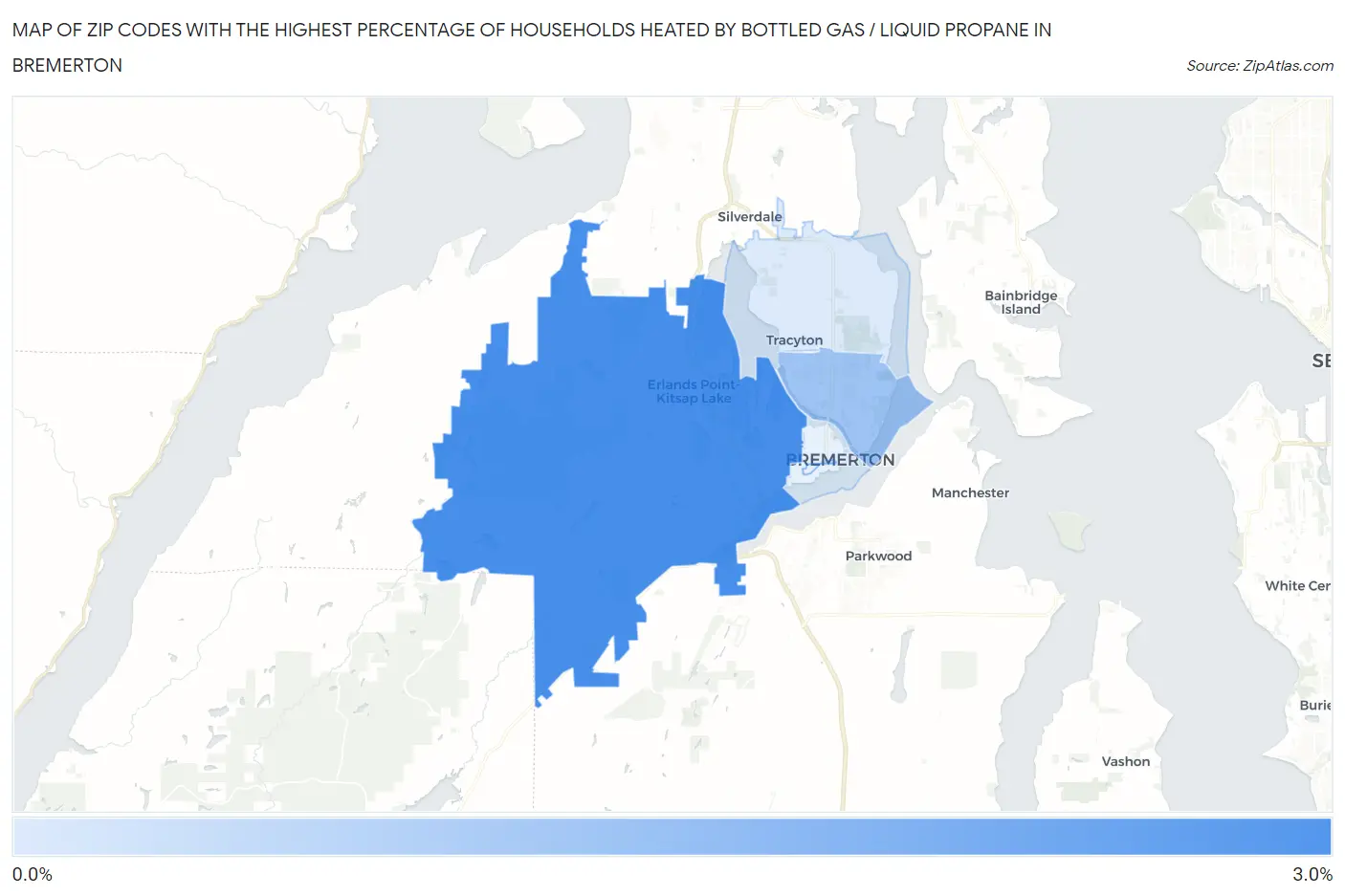Zip Codes with the Highest Percentage of Households Heated by Bottled Gas / Liquid Propane in Bremerton Map