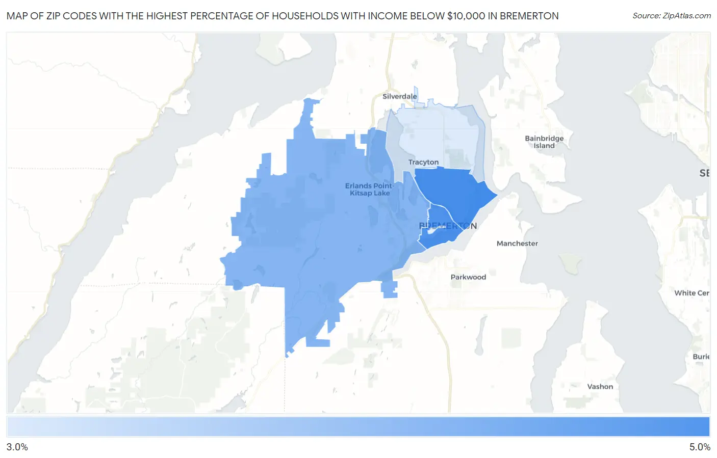 Zip Codes with the Highest Percentage of Households with Income Below $10,000 in Bremerton Map