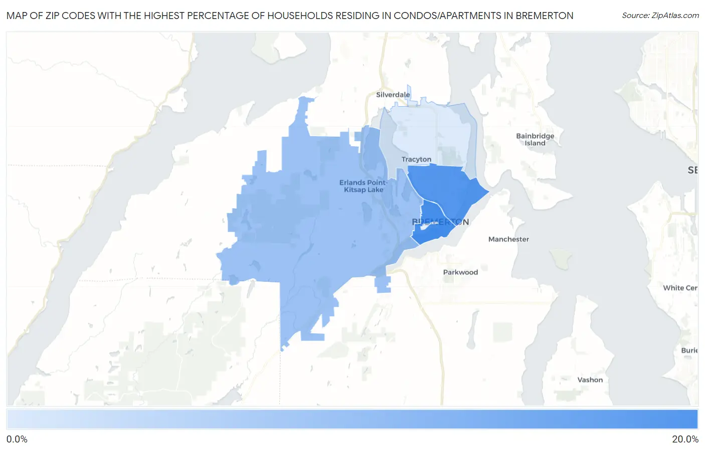 Zip Codes with the Highest Percentage of Households Residing in Condos/Apartments in Bremerton Map