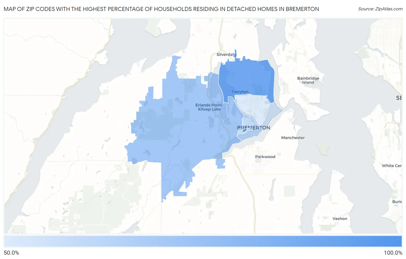 Zip Codes with the Highest Percentage of Households Residing in Detached Homes in Bremerton Map