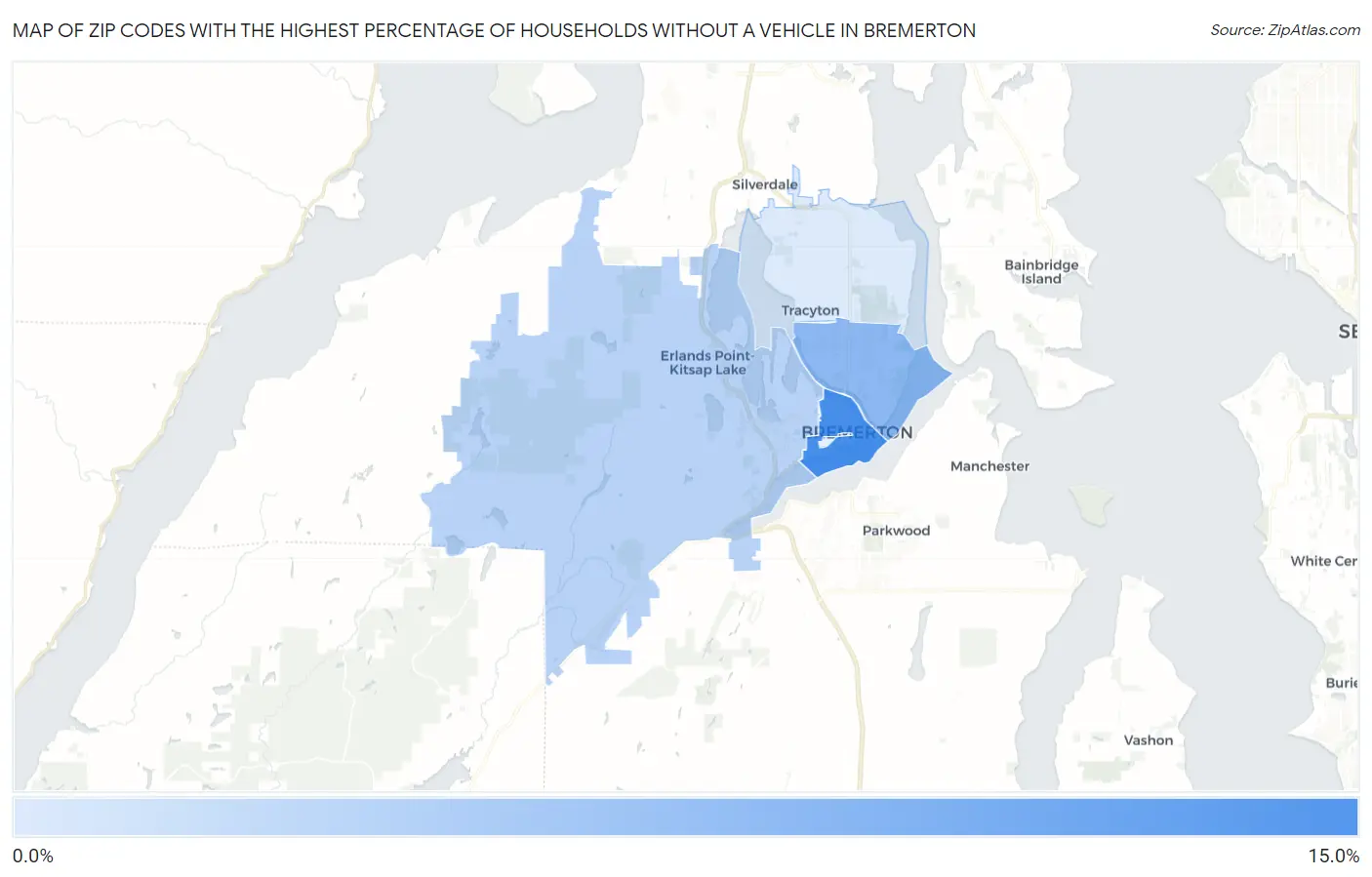 Zip Codes with the Highest Percentage of Households Without a Vehicle in Bremerton Map