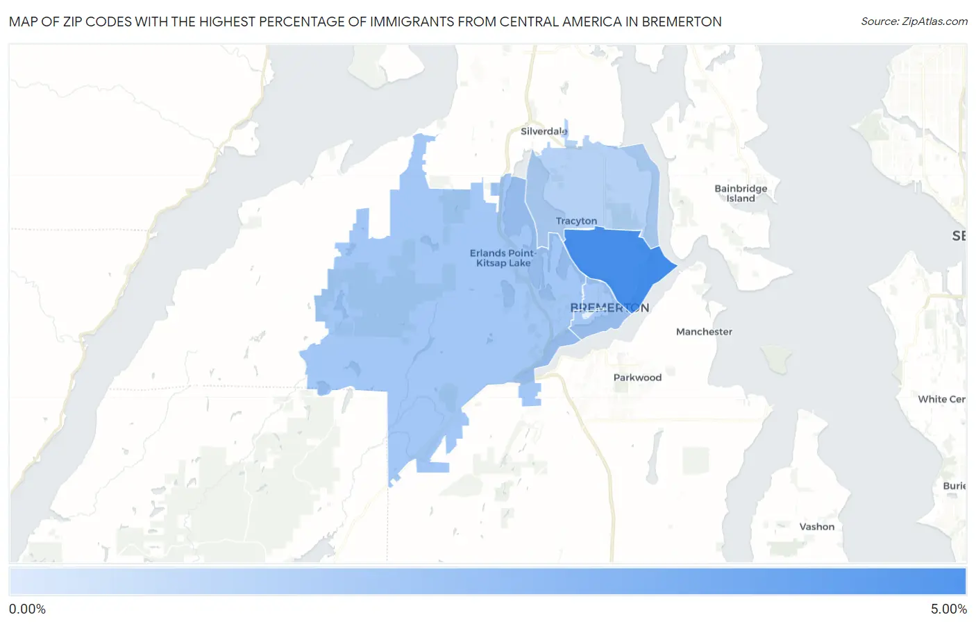 Zip Codes with the Highest Percentage of Immigrants from Central America in Bremerton Map