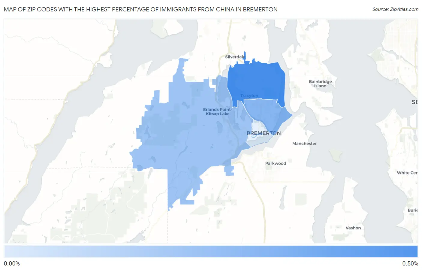 Zip Codes with the Highest Percentage of Immigrants from China in Bremerton Map