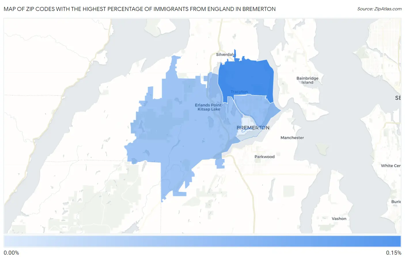 Zip Codes with the Highest Percentage of Immigrants from England in Bremerton Map