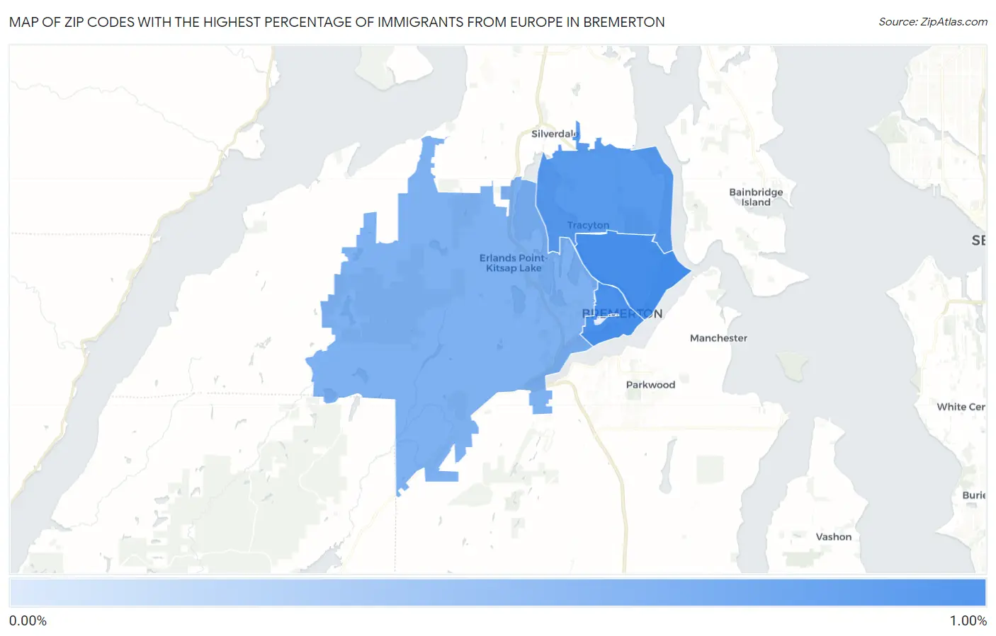Zip Codes with the Highest Percentage of Immigrants from Europe in Bremerton Map