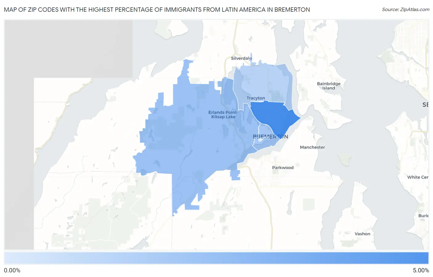 Zip Codes with the Highest Percentage of Immigrants from Latin America in Bremerton Map