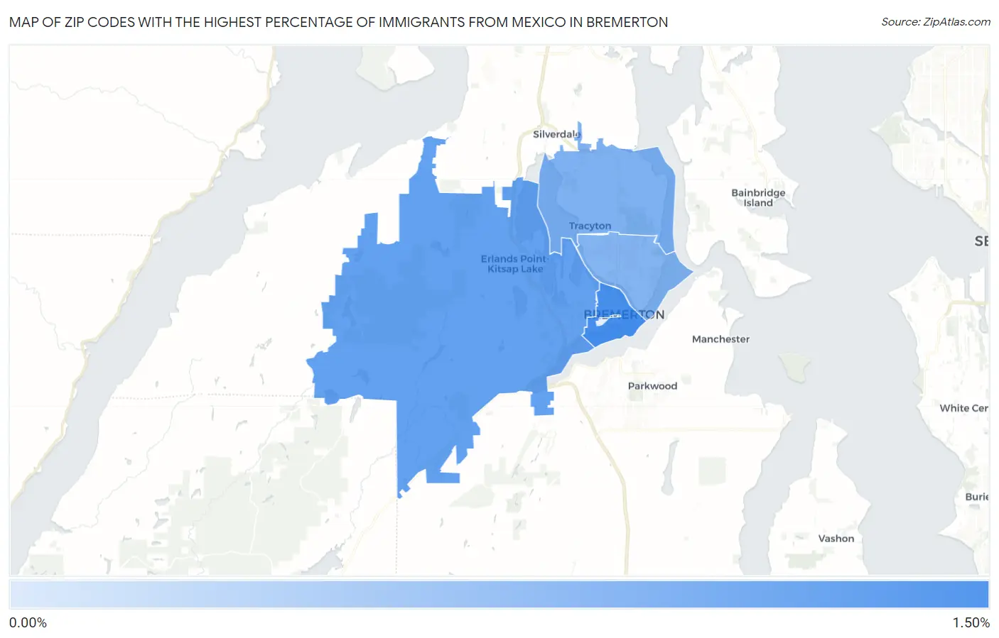 Zip Codes with the Highest Percentage of Immigrants from Mexico in Bremerton Map