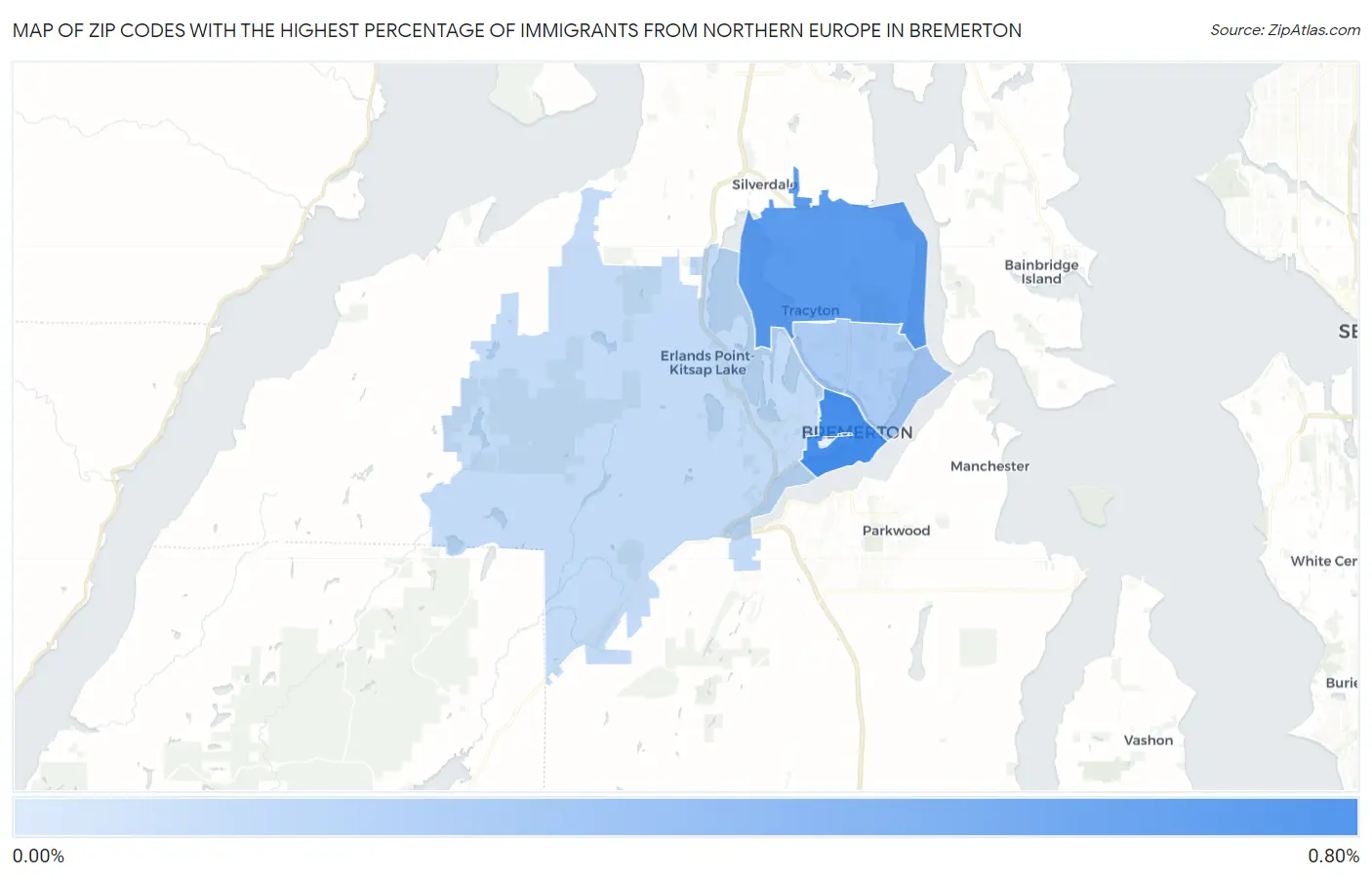 Zip Codes with the Highest Percentage of Immigrants from Northern Europe in Bremerton Map