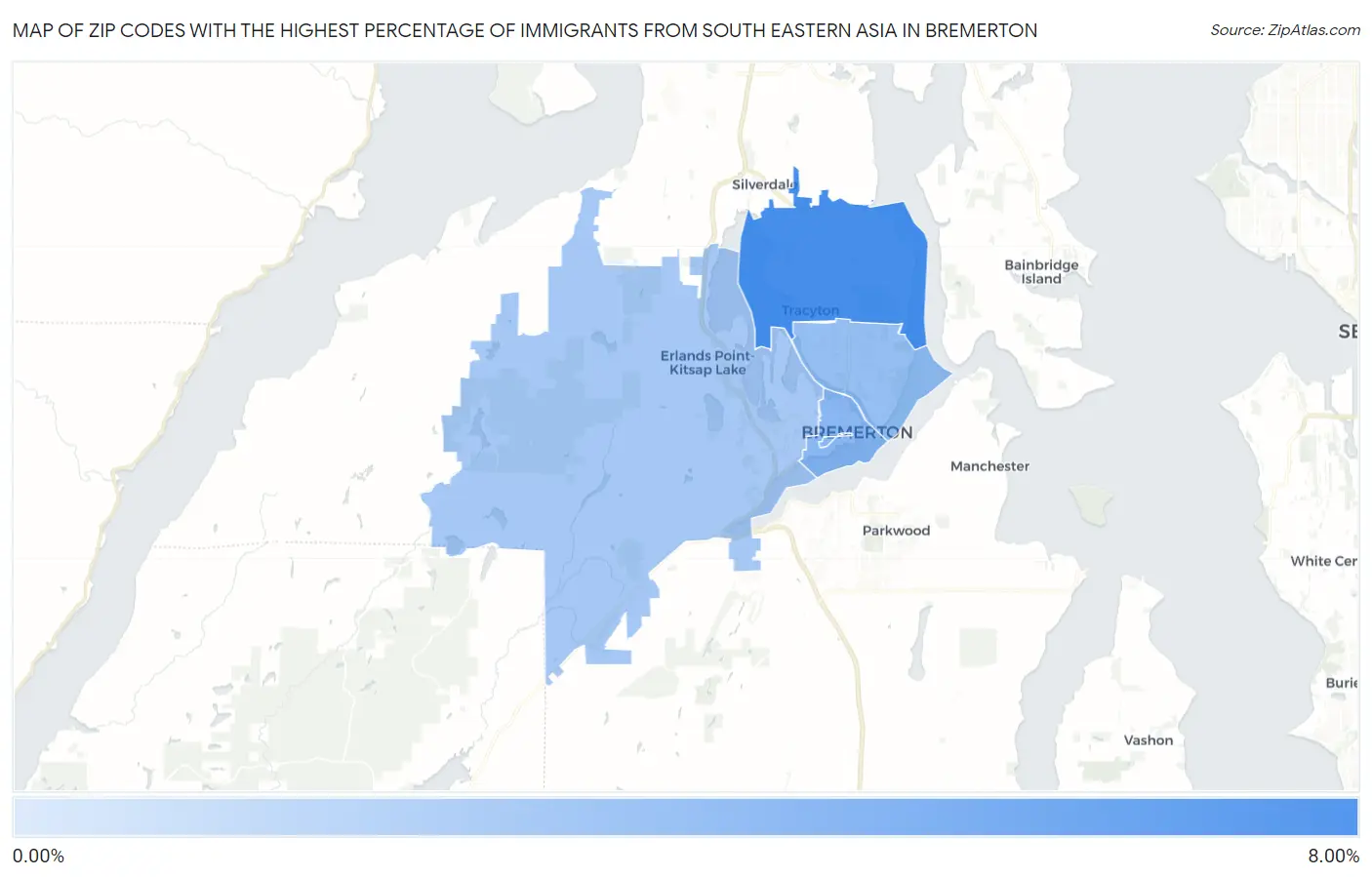 Zip Codes with the Highest Percentage of Immigrants from South Eastern Asia in Bremerton Map