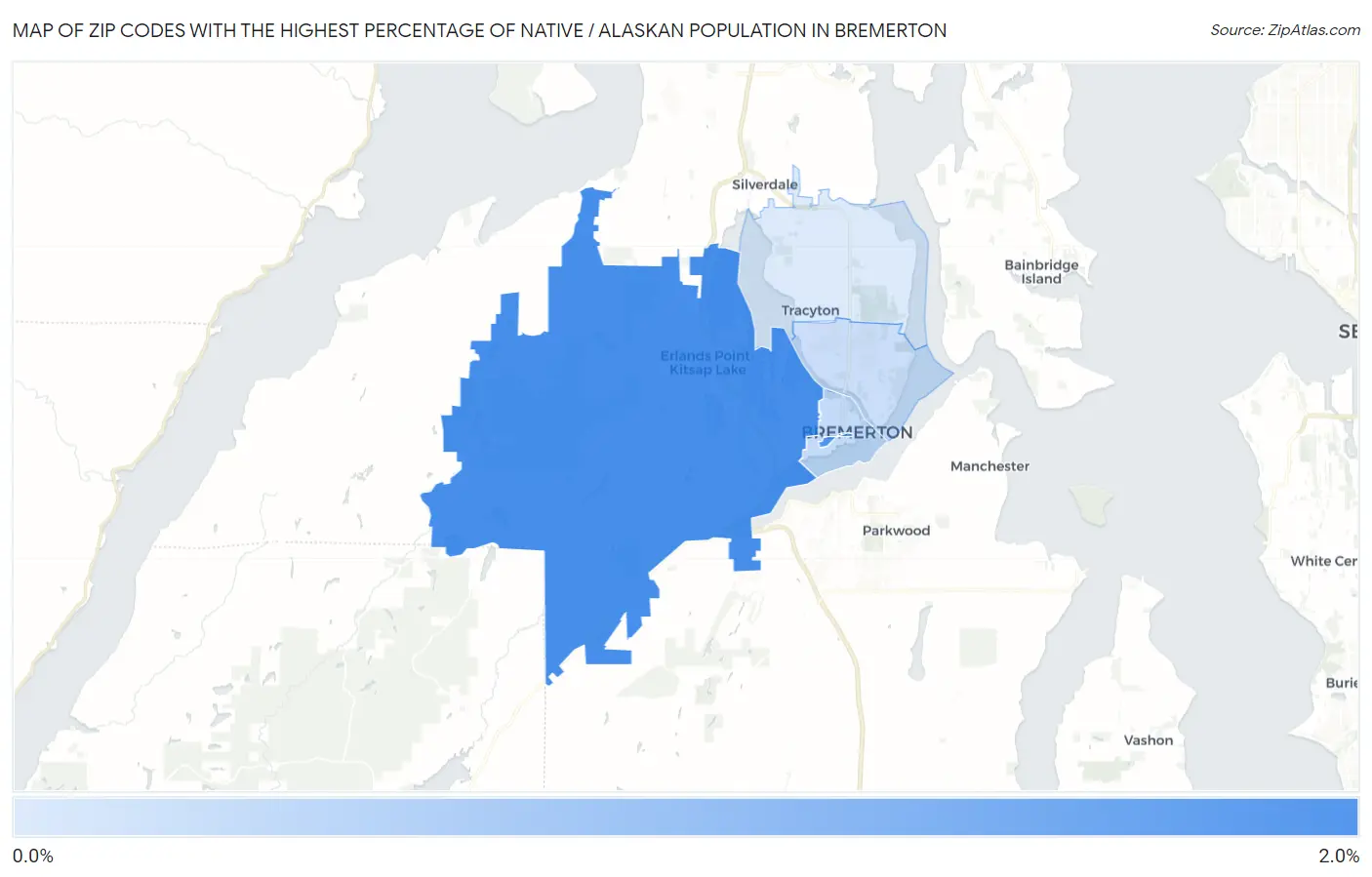 Zip Codes with the Highest Percentage of Native / Alaskan Population in Bremerton Map