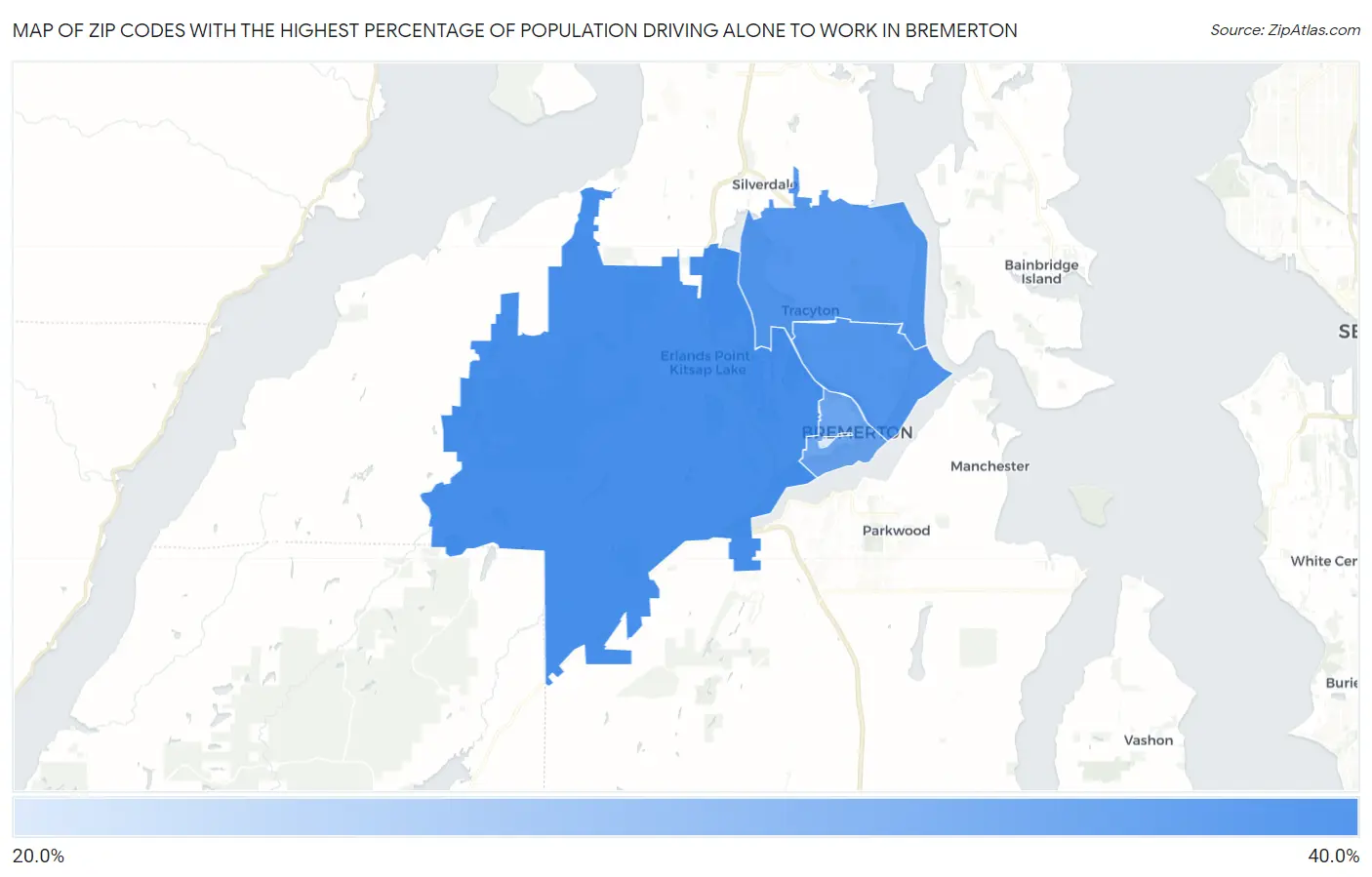 Zip Codes with the Highest Percentage of Population Driving Alone to Work in Bremerton Map