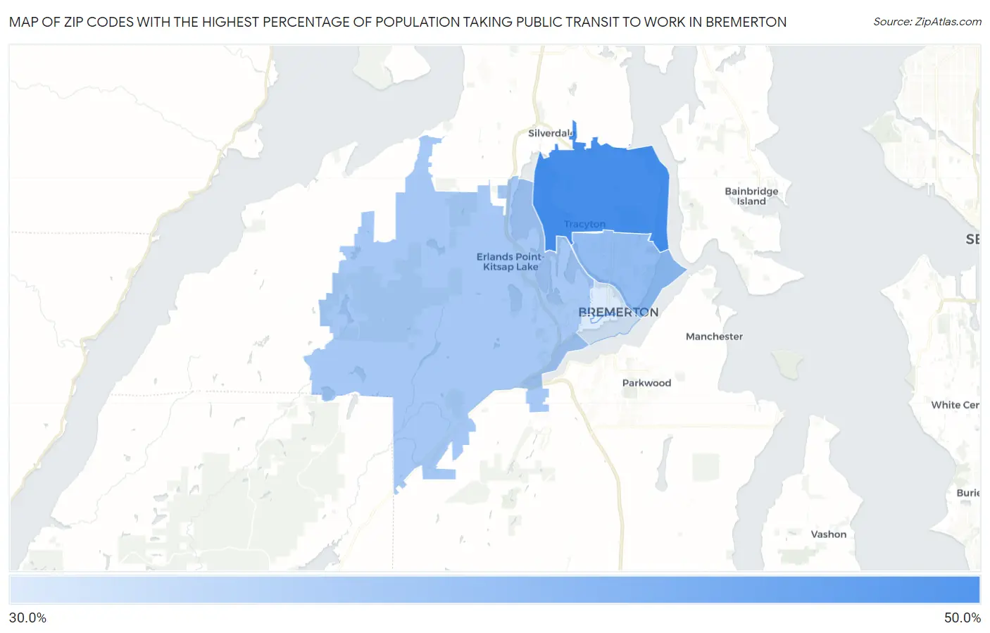 Zip Codes with the Highest Percentage of Population Taking Public Transit to Work in Bremerton Map
