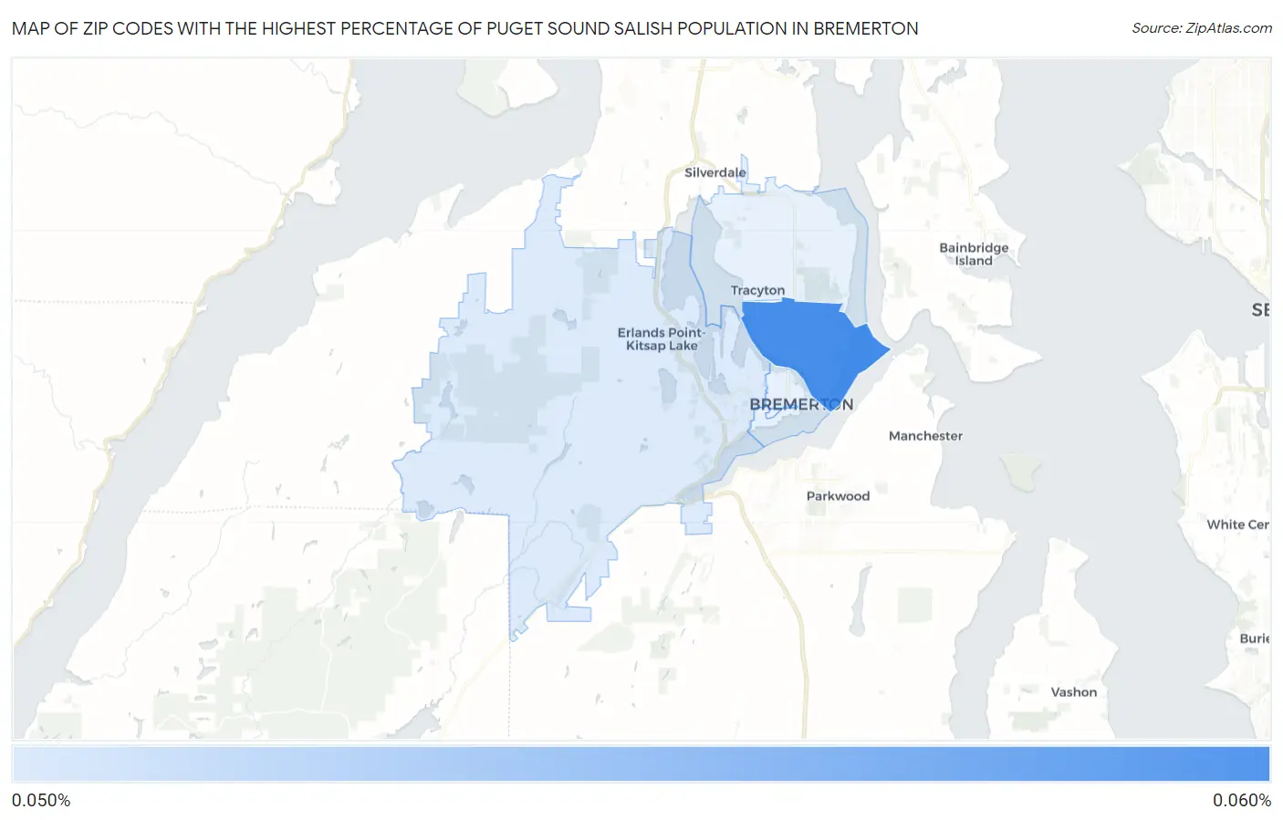 Zip Codes with the Highest Percentage of Puget Sound Salish Population in Bremerton Map