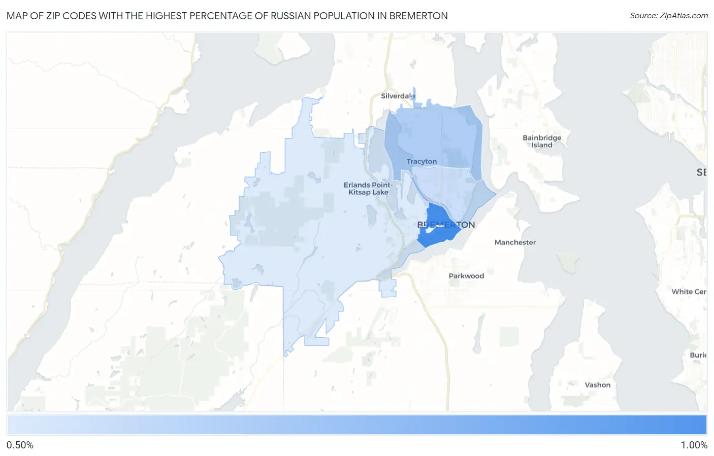 Zip Codes with the Highest Percentage of Russian Population in Bremerton Map