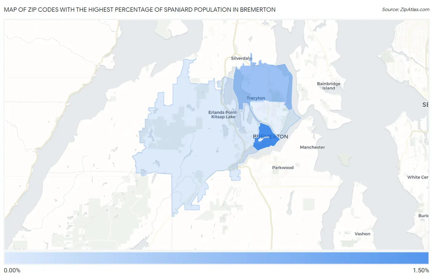 Zip Codes with the Highest Percentage of Spaniard Population in Bremerton Map