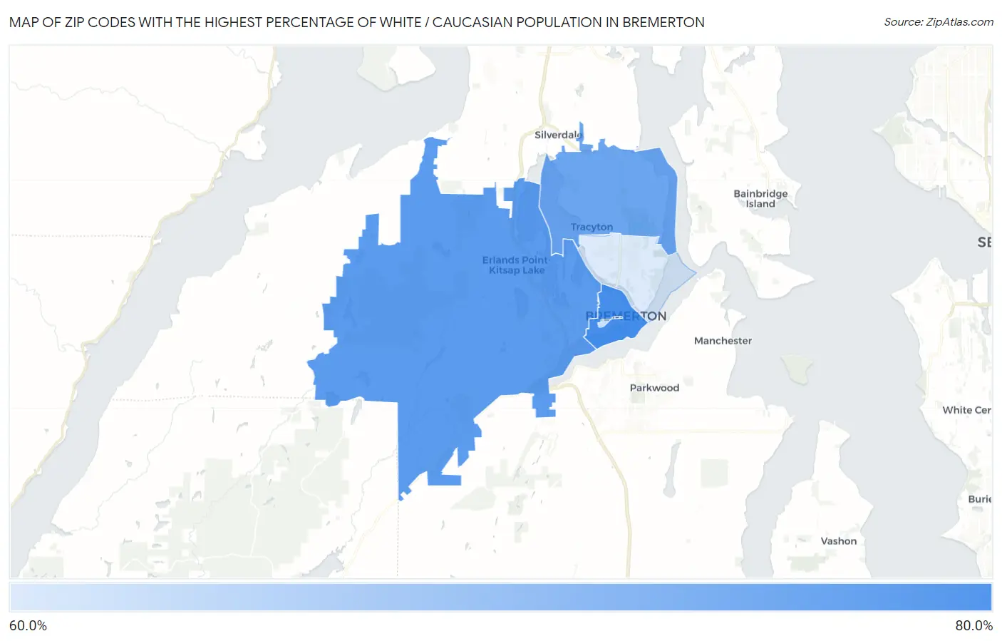 Zip Codes with the Highest Percentage of White / Caucasian Population in Bremerton Map