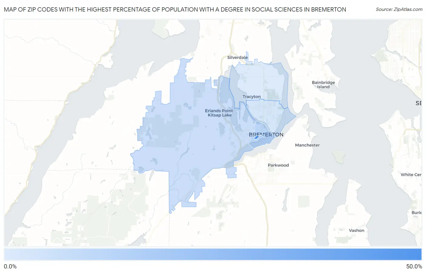 Zip Codes with the Highest Percentage of Population with a Degree in Social Sciences in Bremerton Map