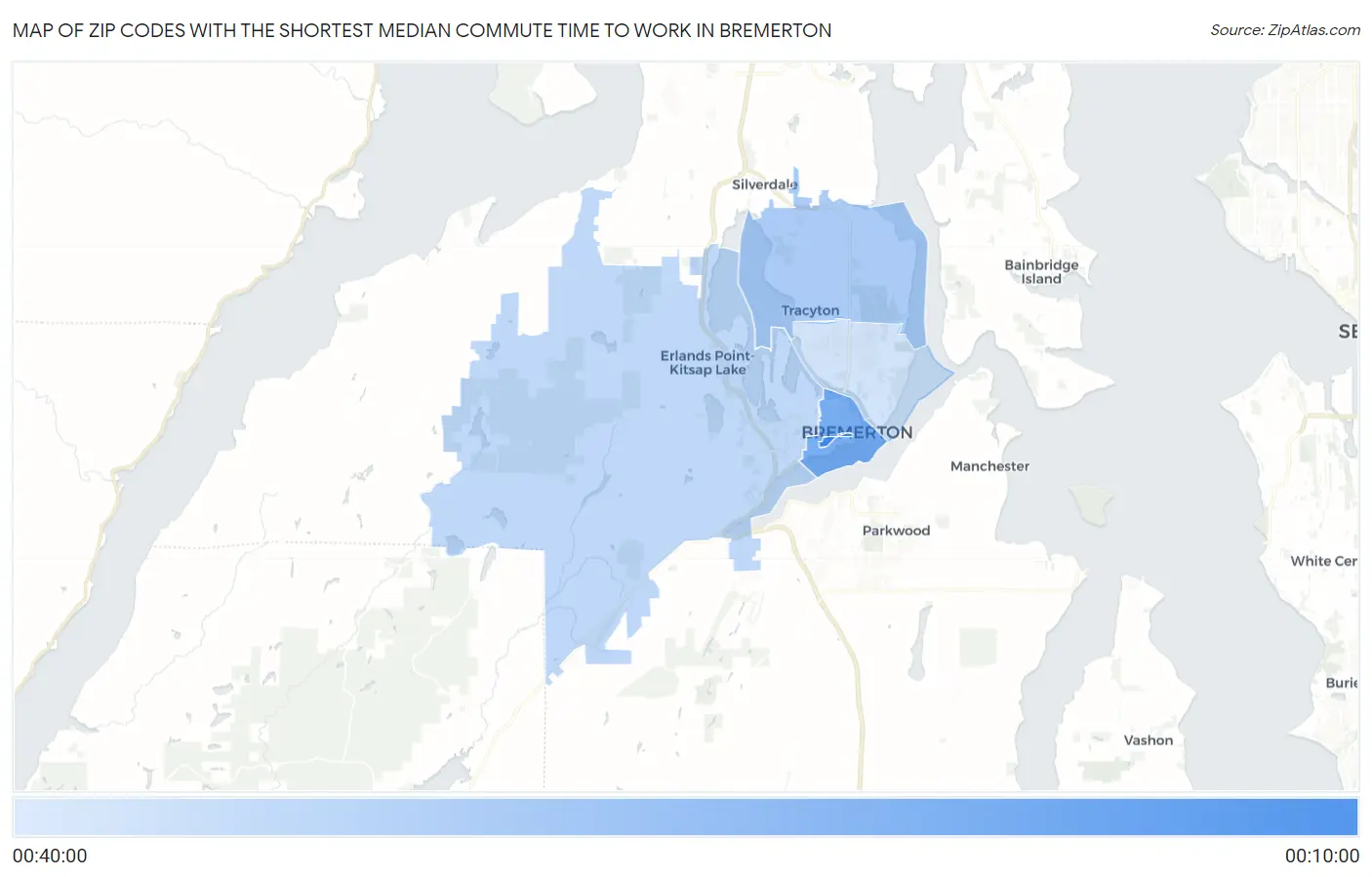 Zip Codes with the Shortest Median Commute Time to Work in Bremerton Map