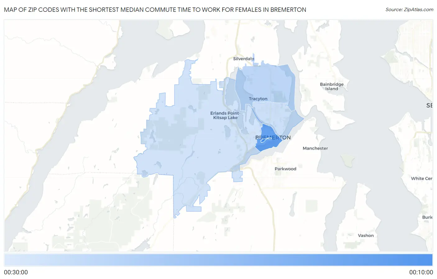 Zip Codes with the Shortest Median Commute Time to Work for Females in Bremerton Map