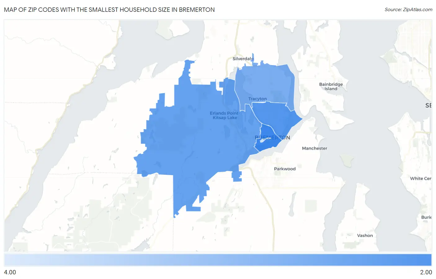 Zip Codes with the Smallest Household Size in Bremerton Map