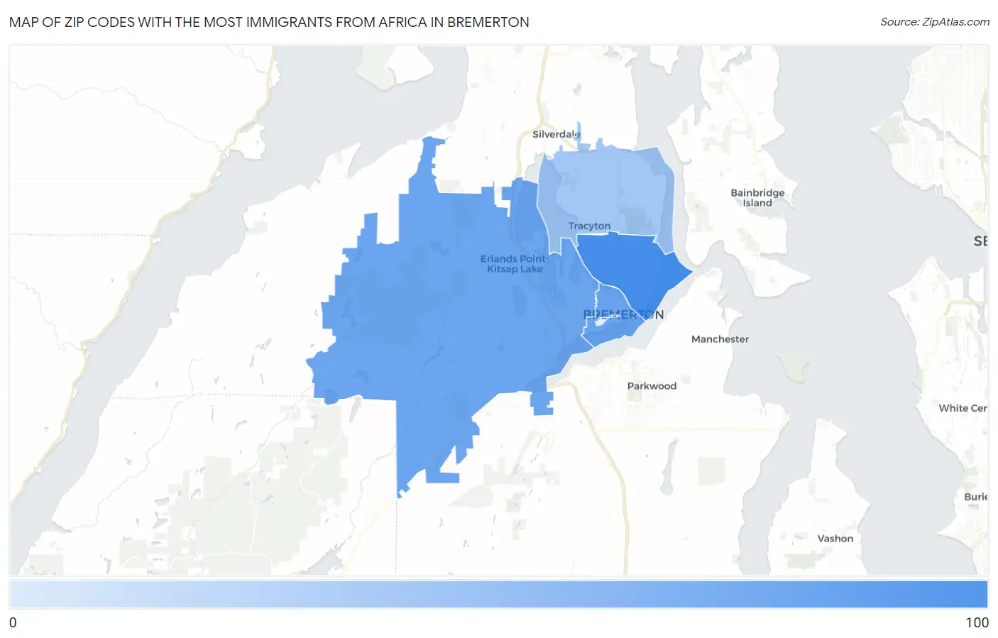 Zip Codes with the Most Immigrants from Africa in Bremerton Map