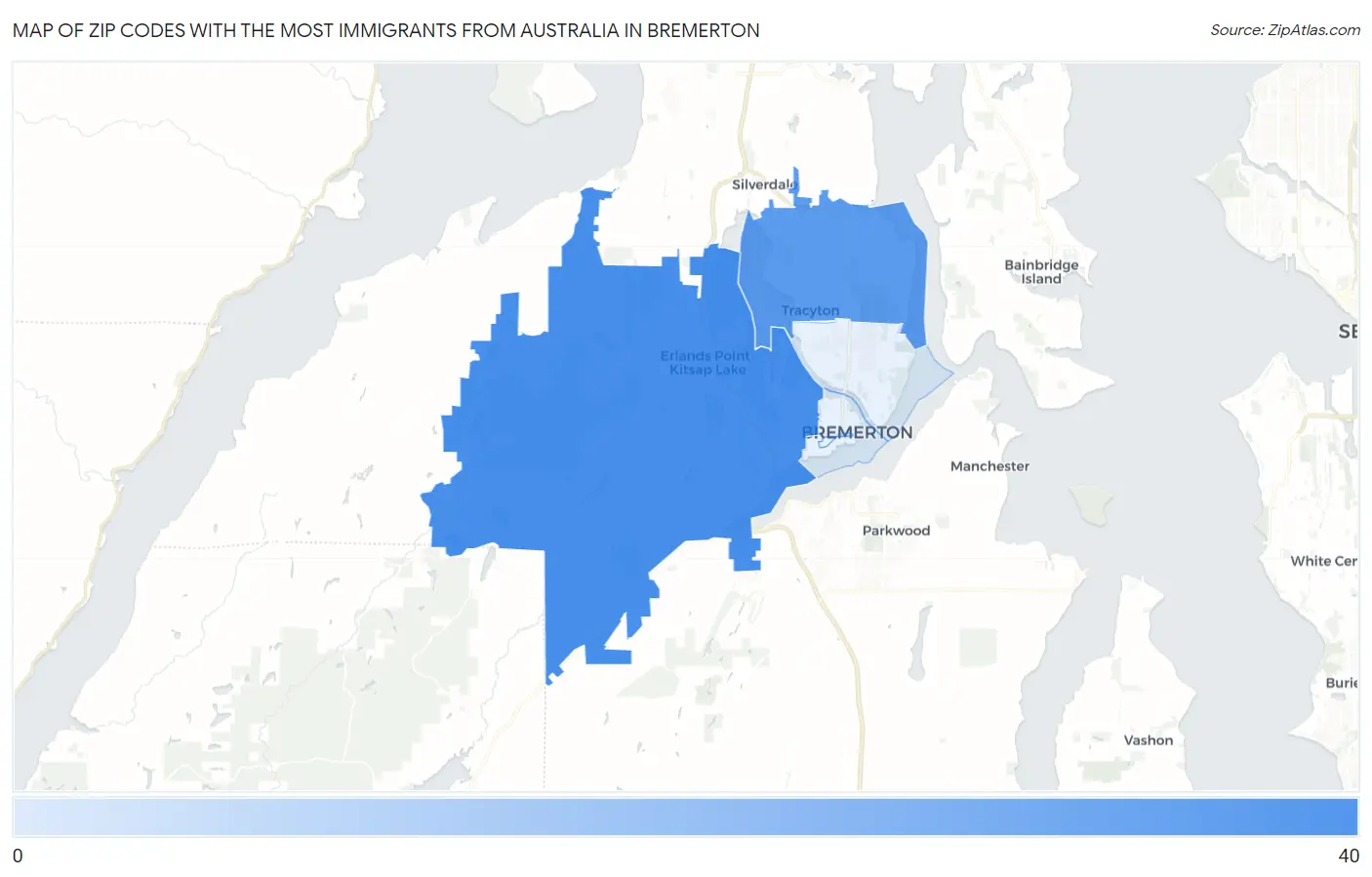Zip Codes with the Most Immigrants from Australia in Bremerton Map