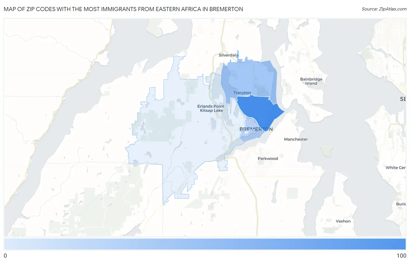 Zip Codes with the Most Immigrants from Eastern Africa in Bremerton Map