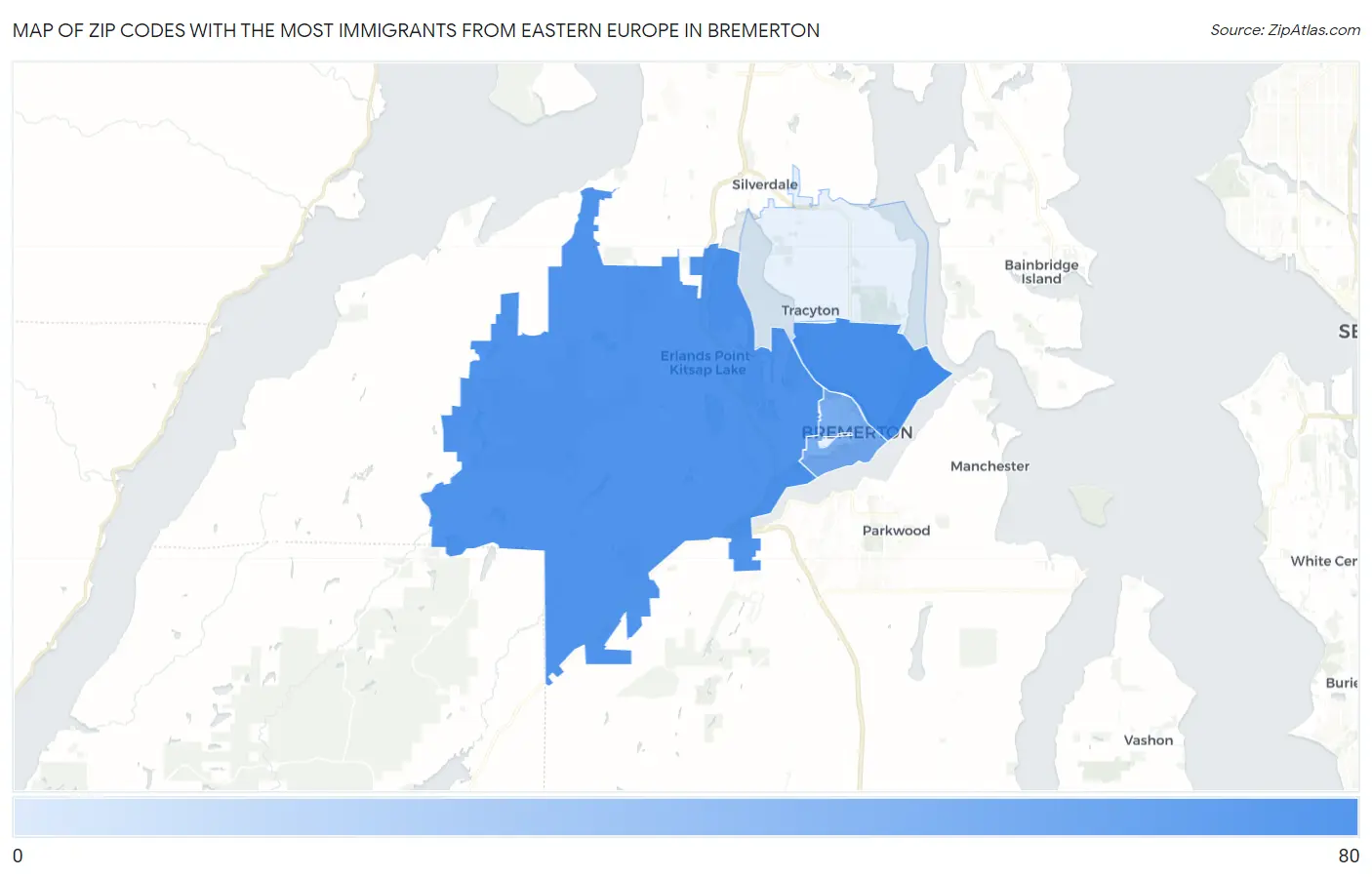 Zip Codes with the Most Immigrants from Eastern Europe in Bremerton Map