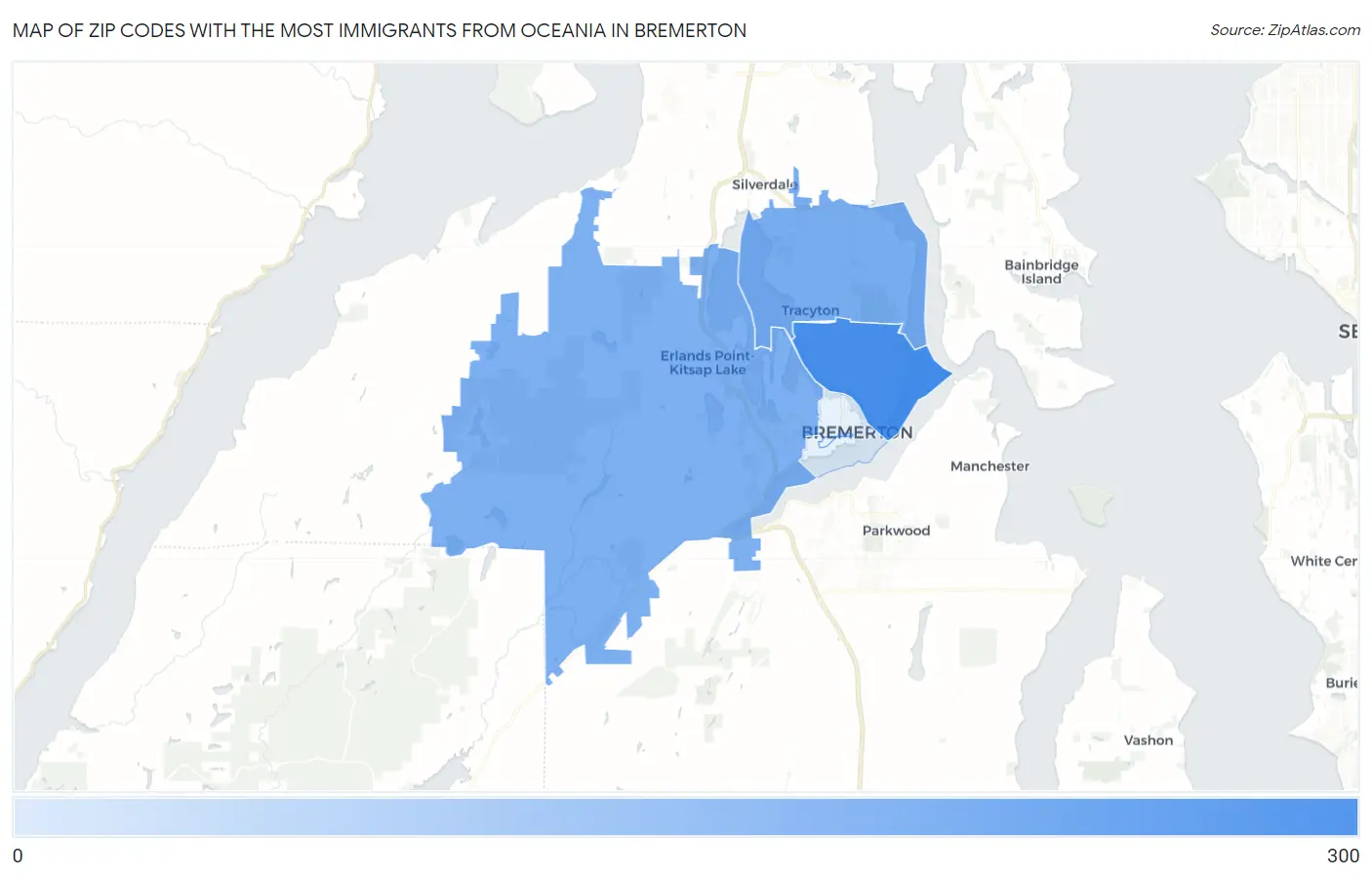 Zip Codes with the Most Immigrants from Oceania in Bremerton Map