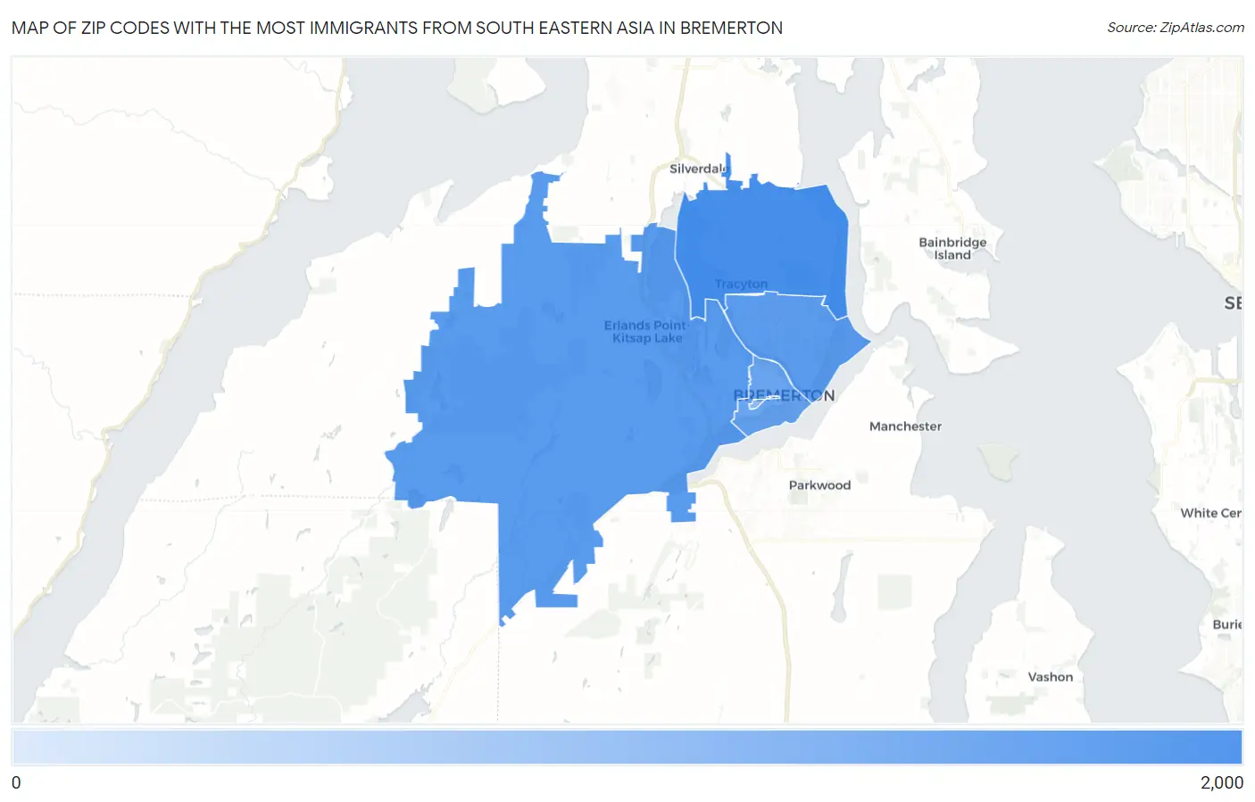 Zip Codes with the Most Immigrants from South Eastern Asia in Bremerton Map