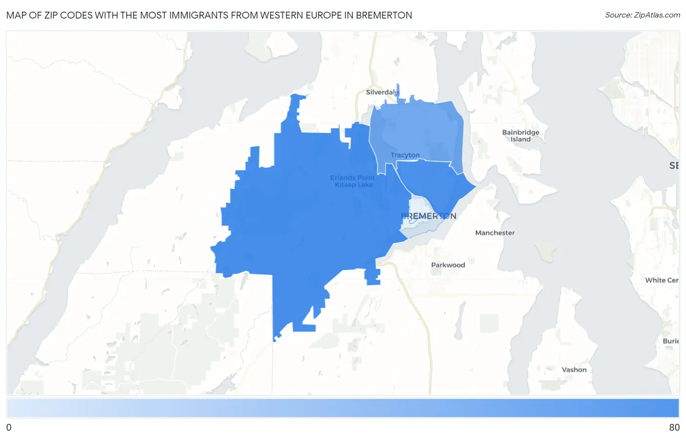 Zip Codes with the Most Immigrants from Western Europe in Bremerton Map