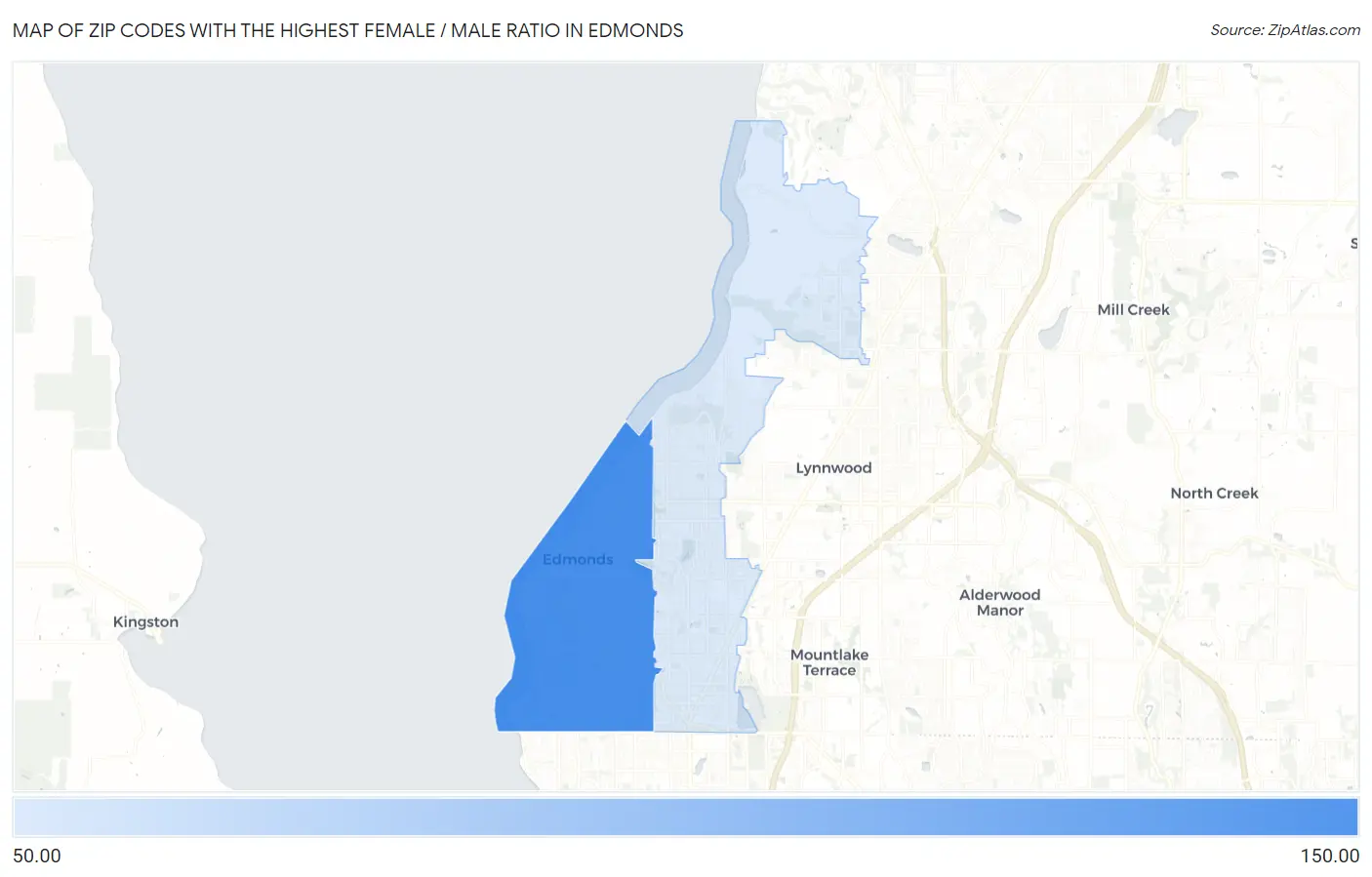 Zip Codes with the Highest Female / Male Ratio in Edmonds Map