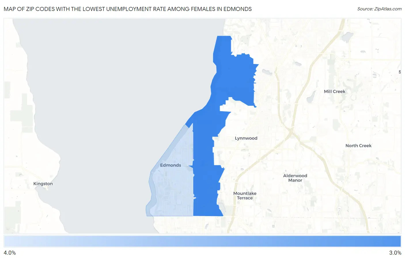 Zip Codes with the Lowest Unemployment Rate Among Females in Edmonds Map