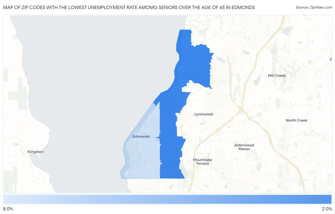 Zip Codes with the Lowest Unemployment Rate Amomg Seniors Over the Age of 65 in Edmonds Map