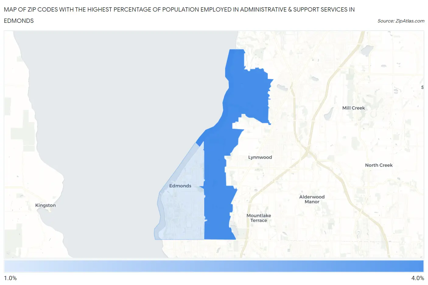 Zip Codes with the Highest Percentage of Population Employed in Administrative & Support Services in Edmonds Map