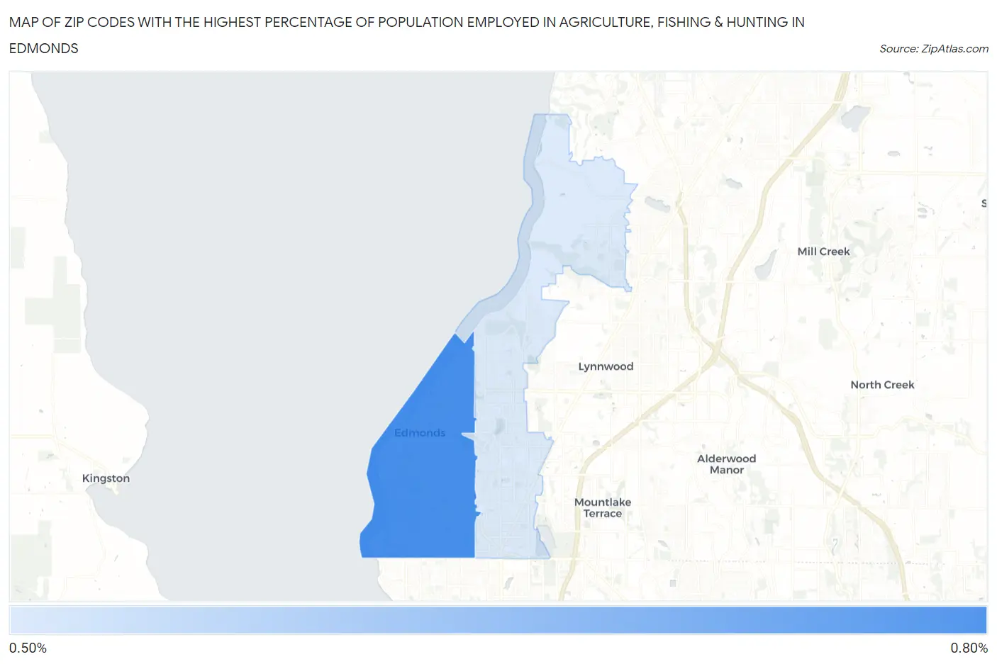 Zip Codes with the Highest Percentage of Population Employed in Agriculture, Fishing & Hunting in Edmonds Map