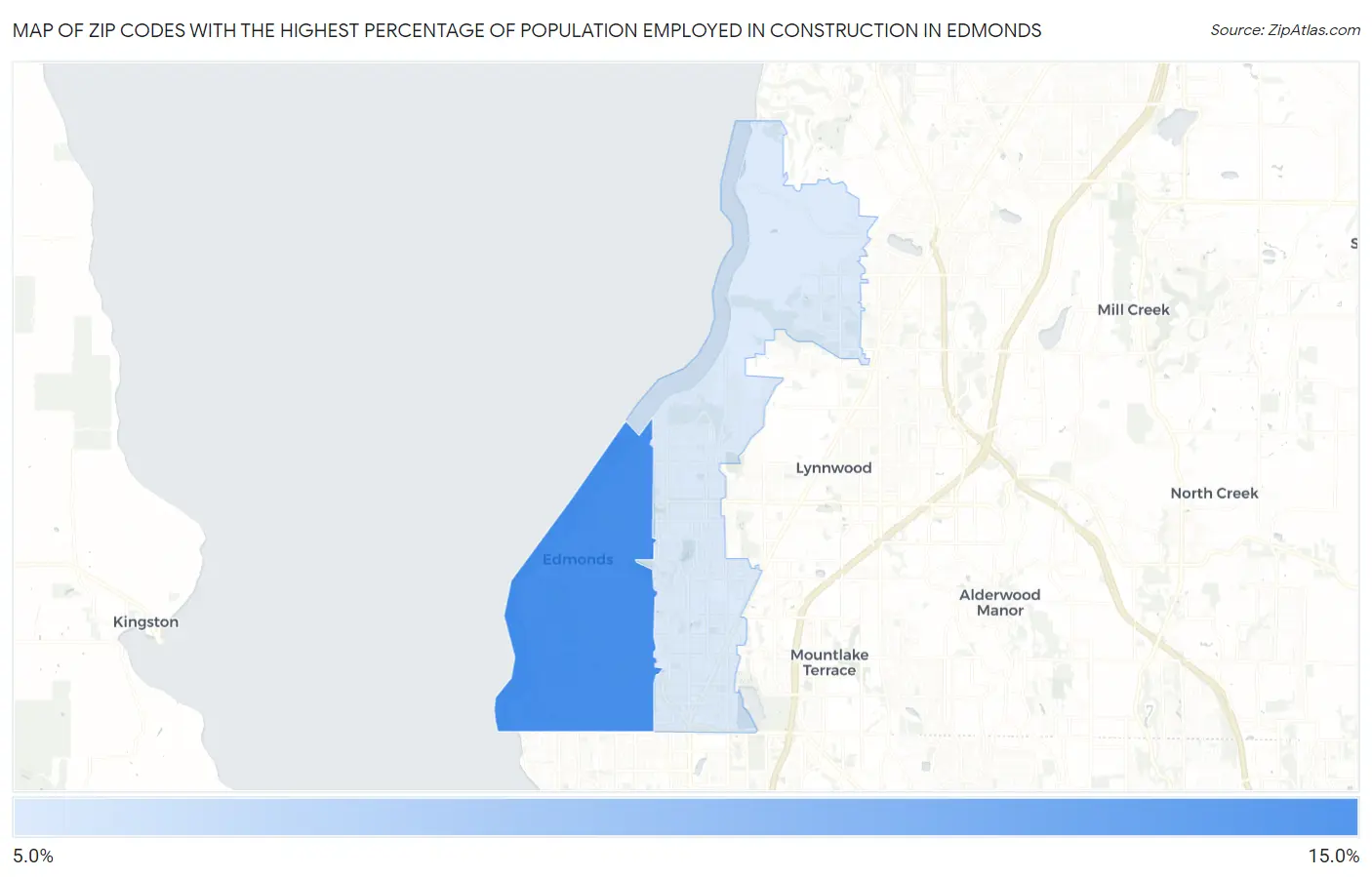 Zip Codes with the Highest Percentage of Population Employed in Construction in Edmonds Map