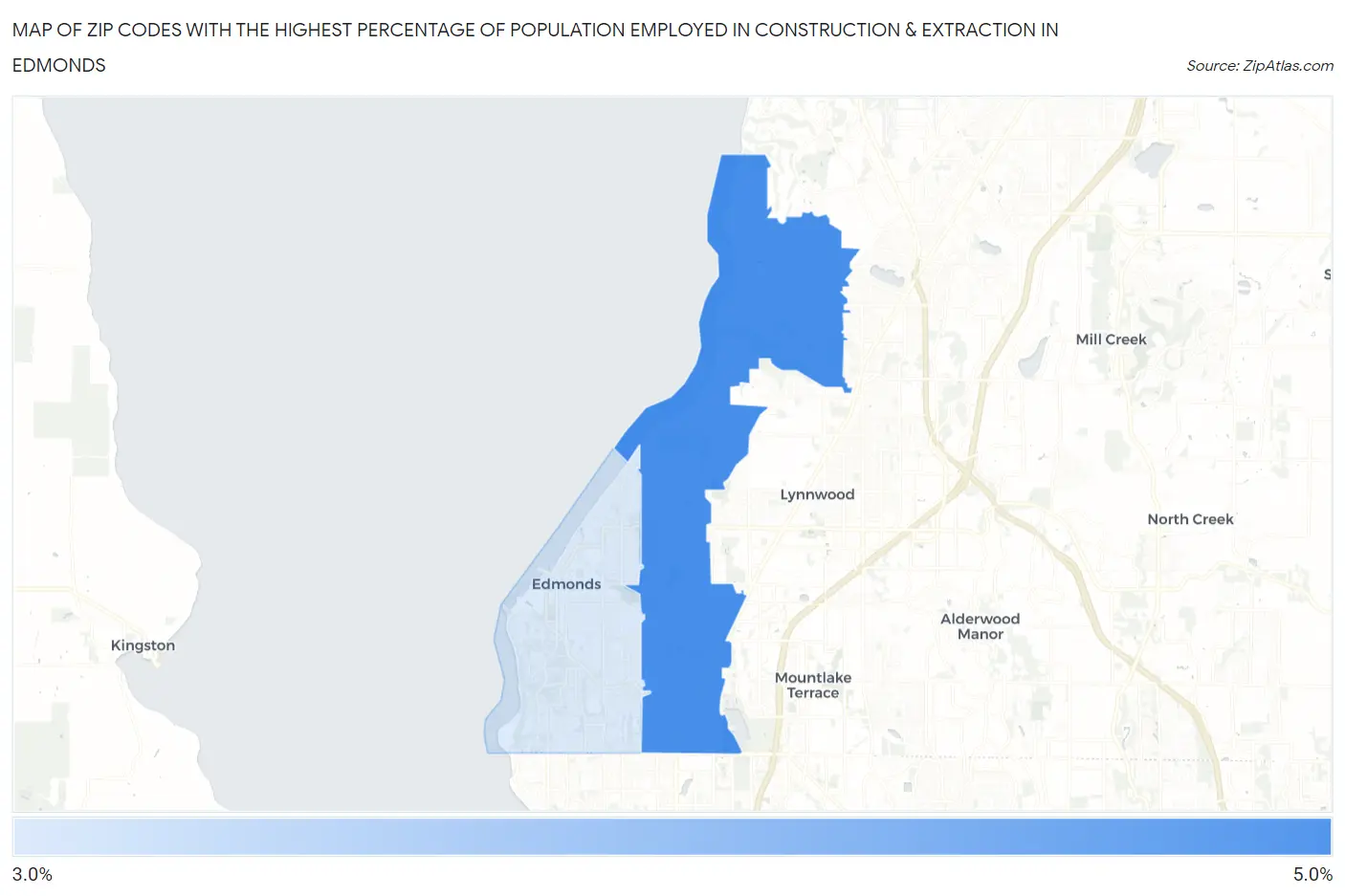 Zip Codes with the Highest Percentage of Population Employed in Construction & Extraction in Edmonds Map