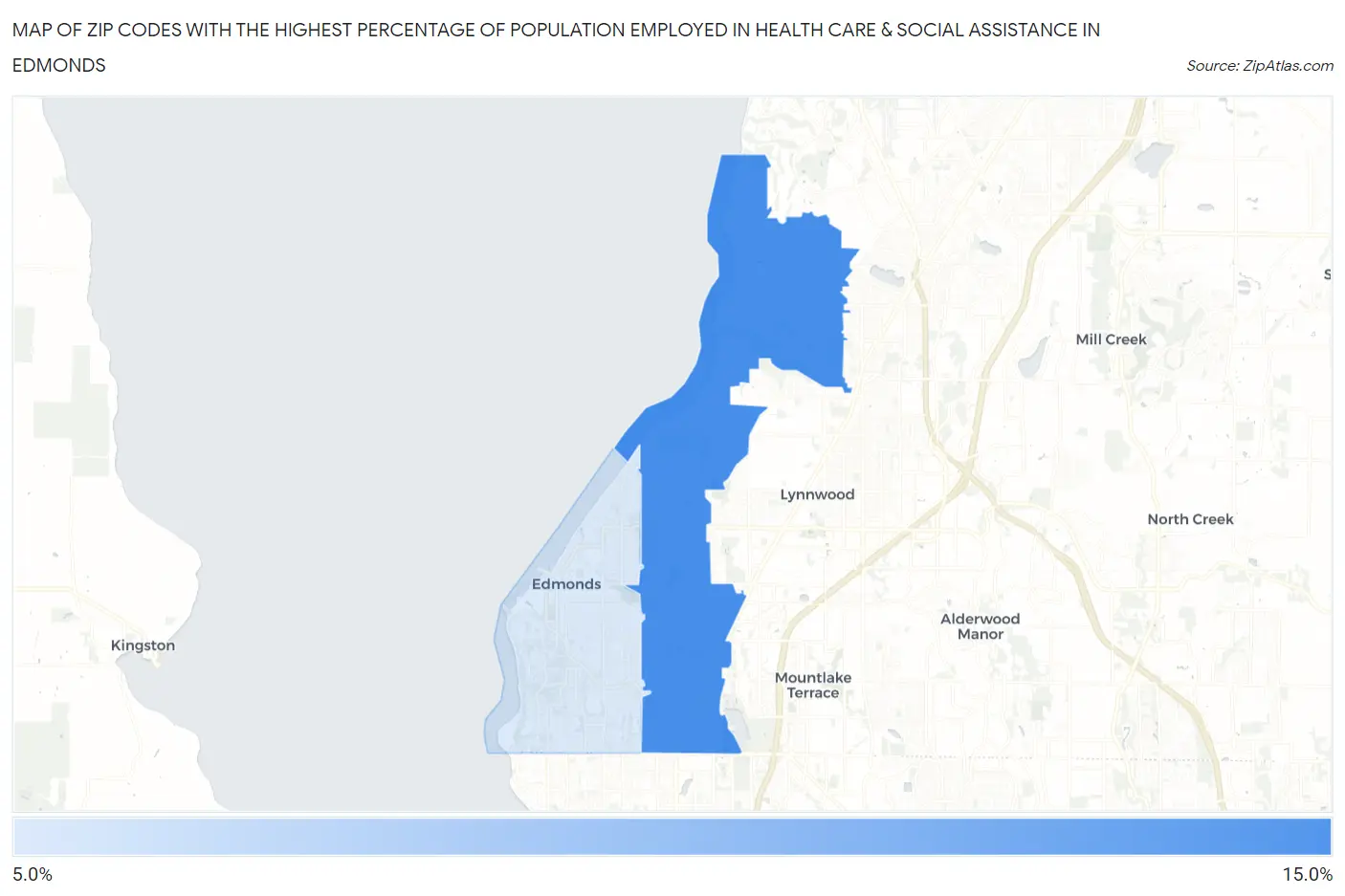 Zip Codes with the Highest Percentage of Population Employed in Health Care & Social Assistance in Edmonds Map
