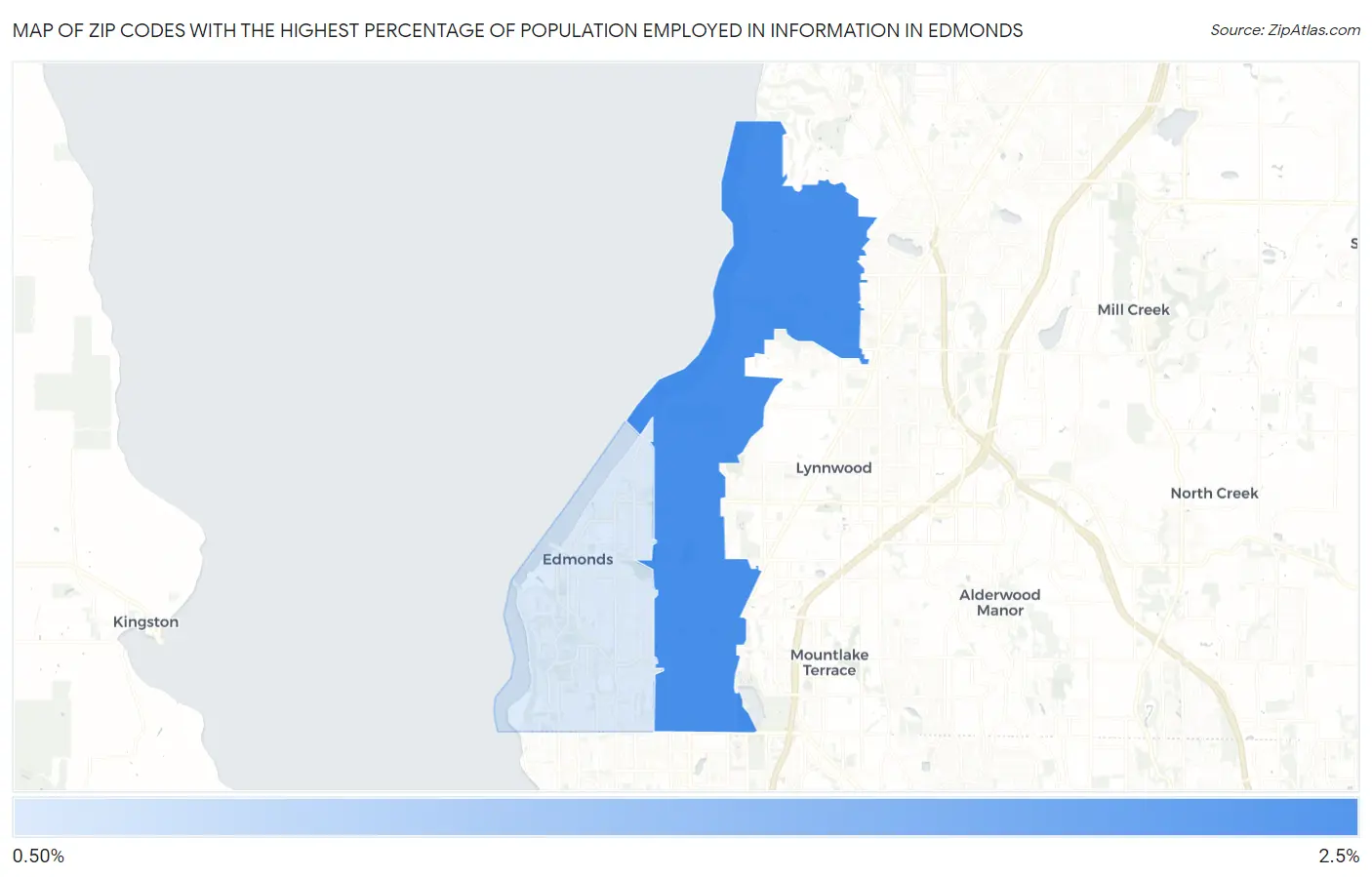 Zip Codes with the Highest Percentage of Population Employed in Information in Edmonds Map