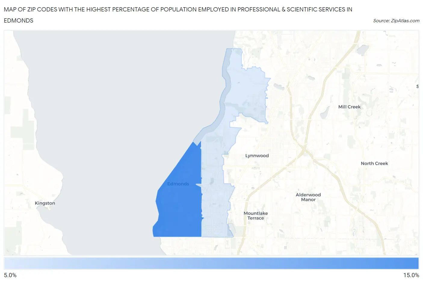 Zip Codes with the Highest Percentage of Population Employed in Professional & Scientific Services in Edmonds Map