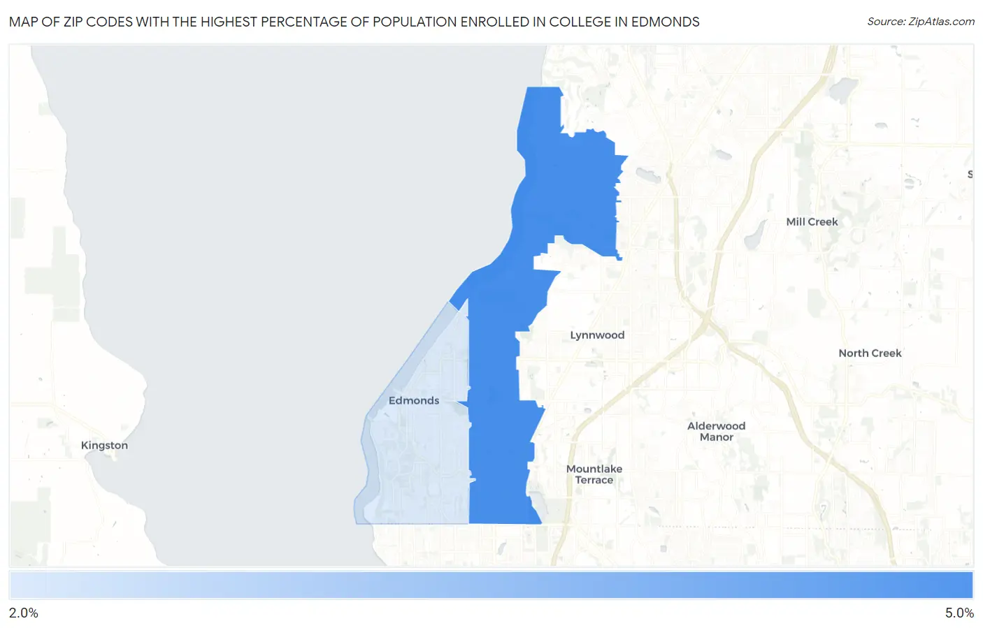 Zip Codes with the Highest Percentage of Population Enrolled in College in Edmonds Map
