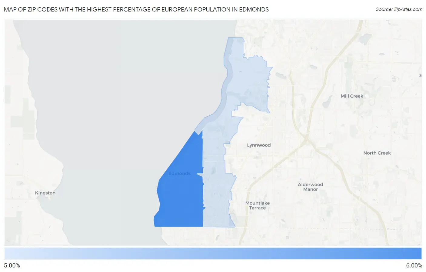 Zip Codes with the Highest Percentage of European Population in Edmonds Map
