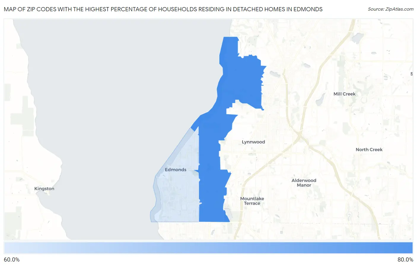 Zip Codes with the Highest Percentage of Households Residing in Detached Homes in Edmonds Map