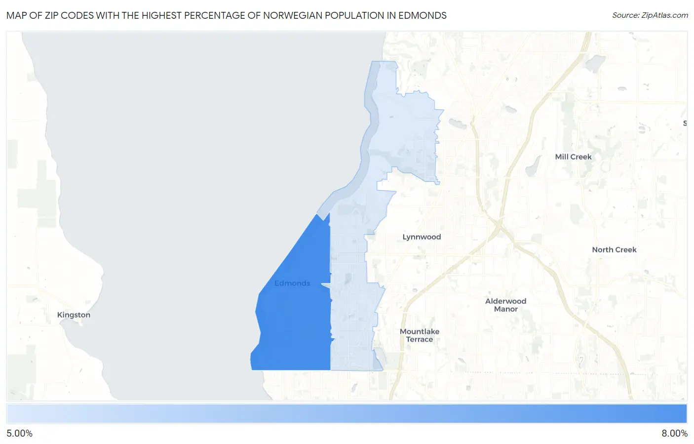 Zip Codes with the Highest Percentage of Norwegian Population in Edmonds Map