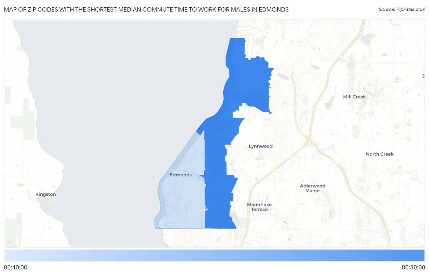 Zip Codes with the Shortest Median Commute Time to Work for Males in Edmonds Map