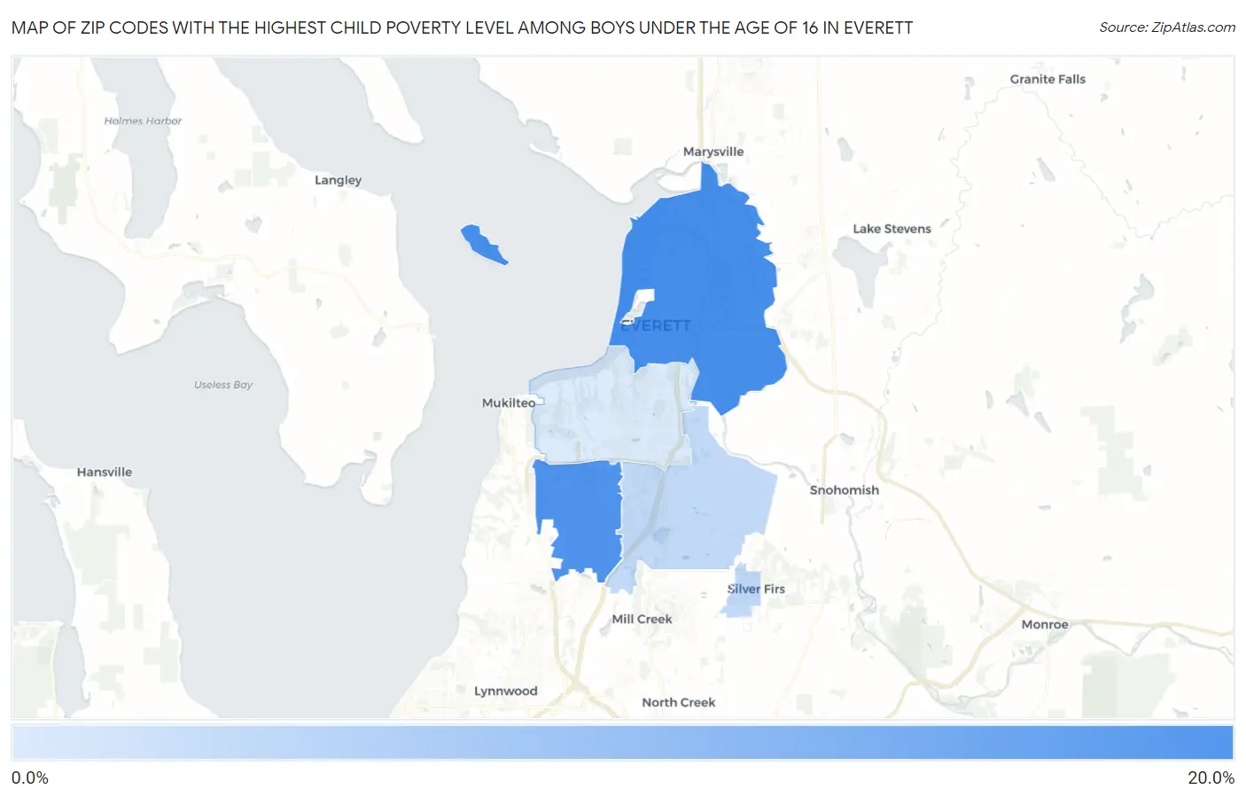 Zip Codes with the Highest Child Poverty Level Among Boys Under the Age of 16 in Everett Map